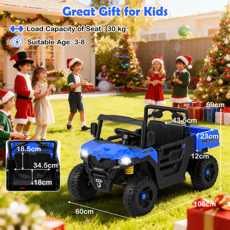 Children's toy car with Christmas decorations and measurements displayed