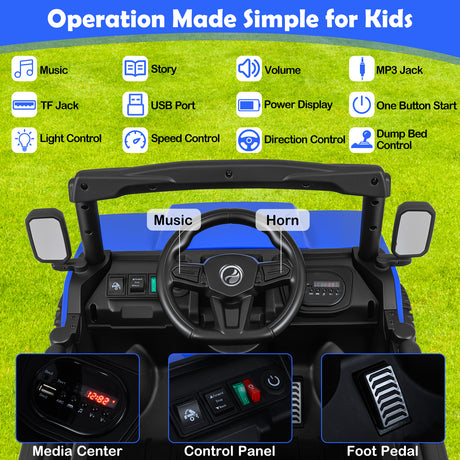 Control panel of a toy car with various features highlighted on a grassy background.