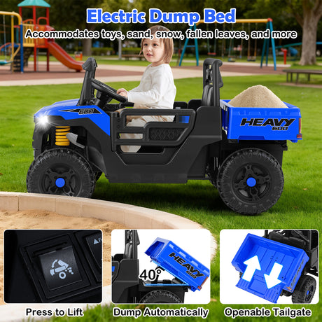 Children's electric dump bed vehicle with a child sitting inside, set against a playground background.