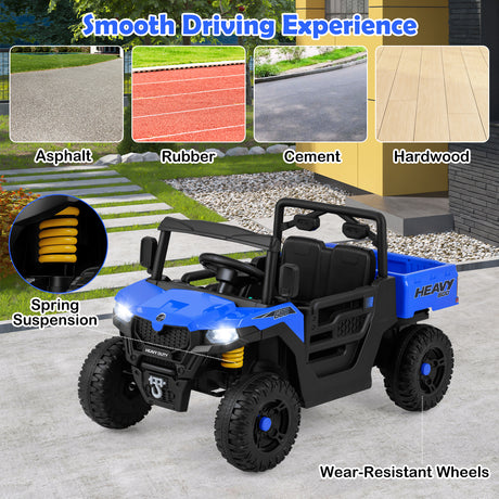 Blue and black toy off-road vehicle with features highlighted on a pavement background
