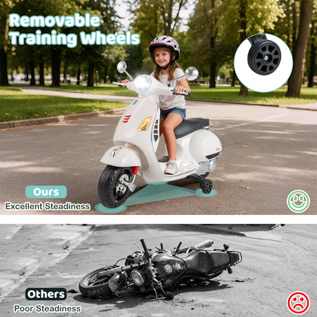Child riding a toy scooter with removable training wheels, comparing 'Ours' to 'Others' on a road.