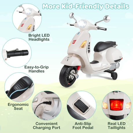 Children's electric scooter with various features highlighted on a light blue background