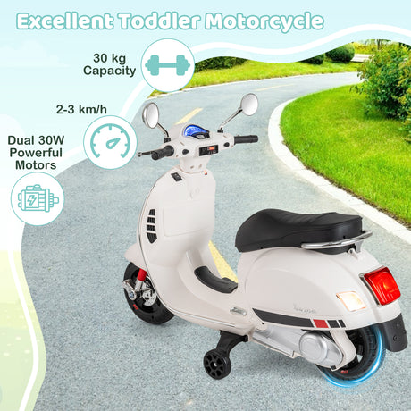 White toddler motorcycle on a road with greenery, featuring specifications like capacity and speed.