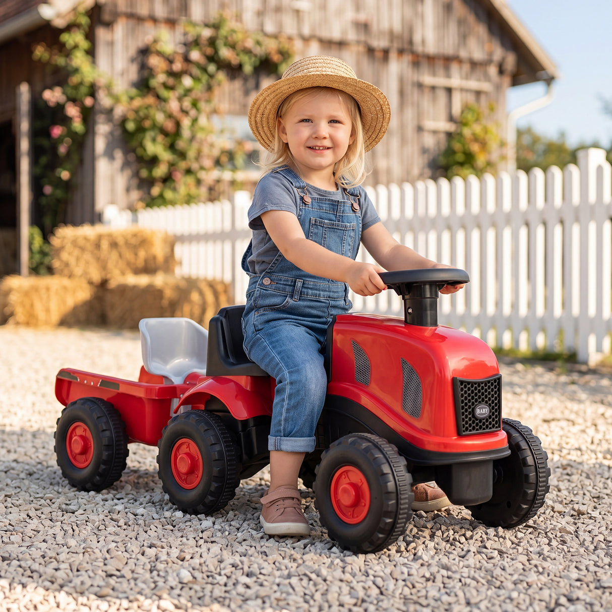 2-in-1 Ride on Tractor with Detachable Trailer, Foot-to-Floor Sliding Car with Air Horn, Dashboard, Shovel and Rake