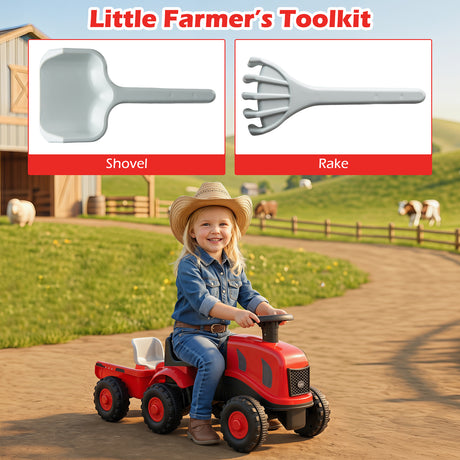 2-in-1 Ride on Tractor with Detachable Trailer, Foot-to-Floor Sliding Car with Air Horn, Dashboard, Shovel and Rake