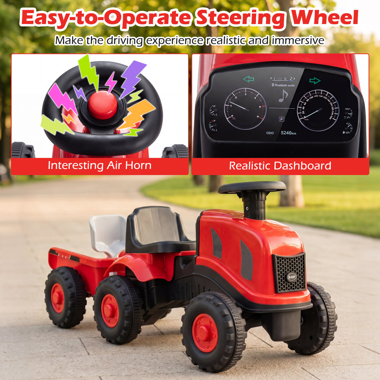 2-in-1 Ride on Tractor with Detachable Trailer, Foot-to-Floor Sliding Car with Air Horn, Dashboard, Shovel and Rake