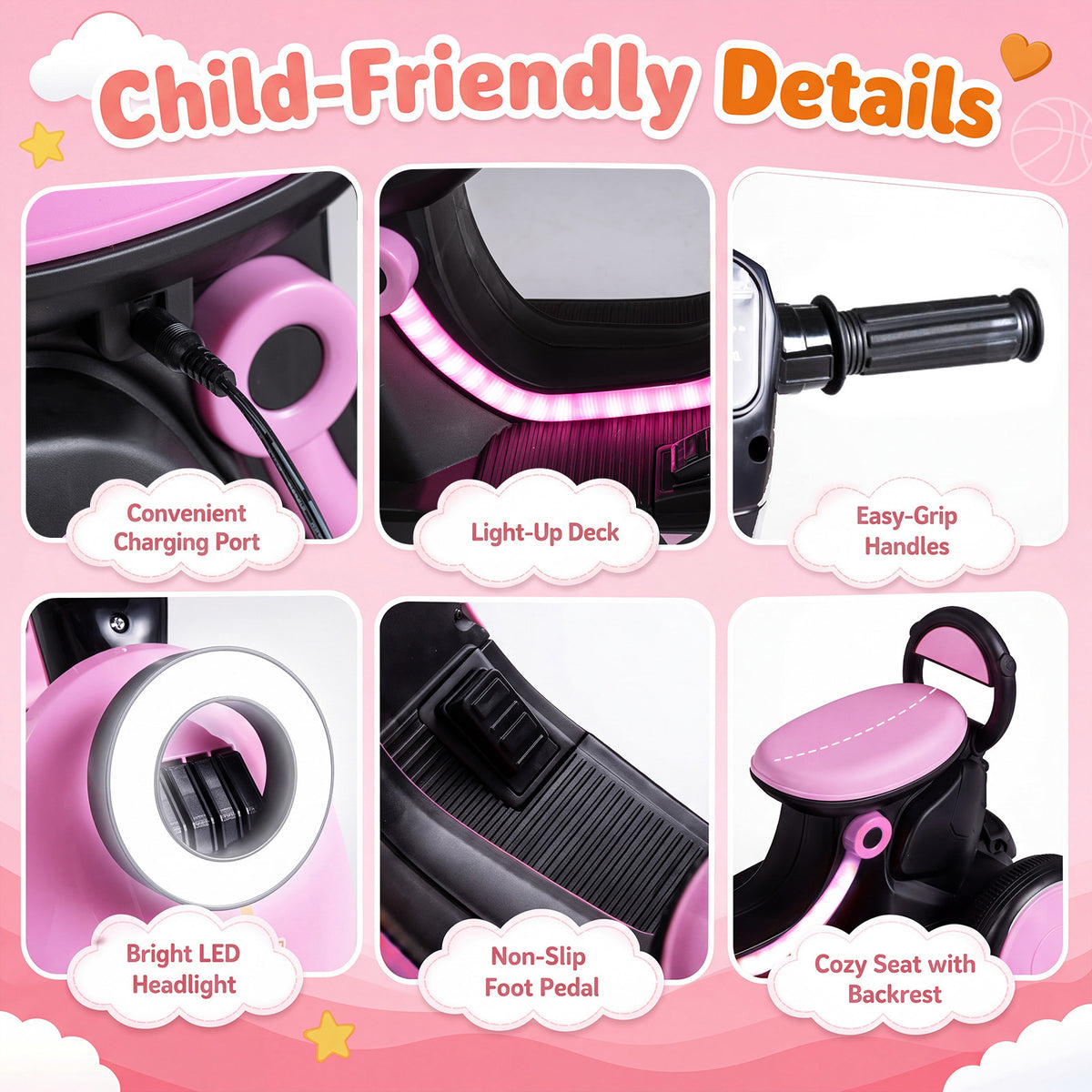 6V Kids Ride on Motorcycle with Light-Up Deck and Music for 3+ Years Old
