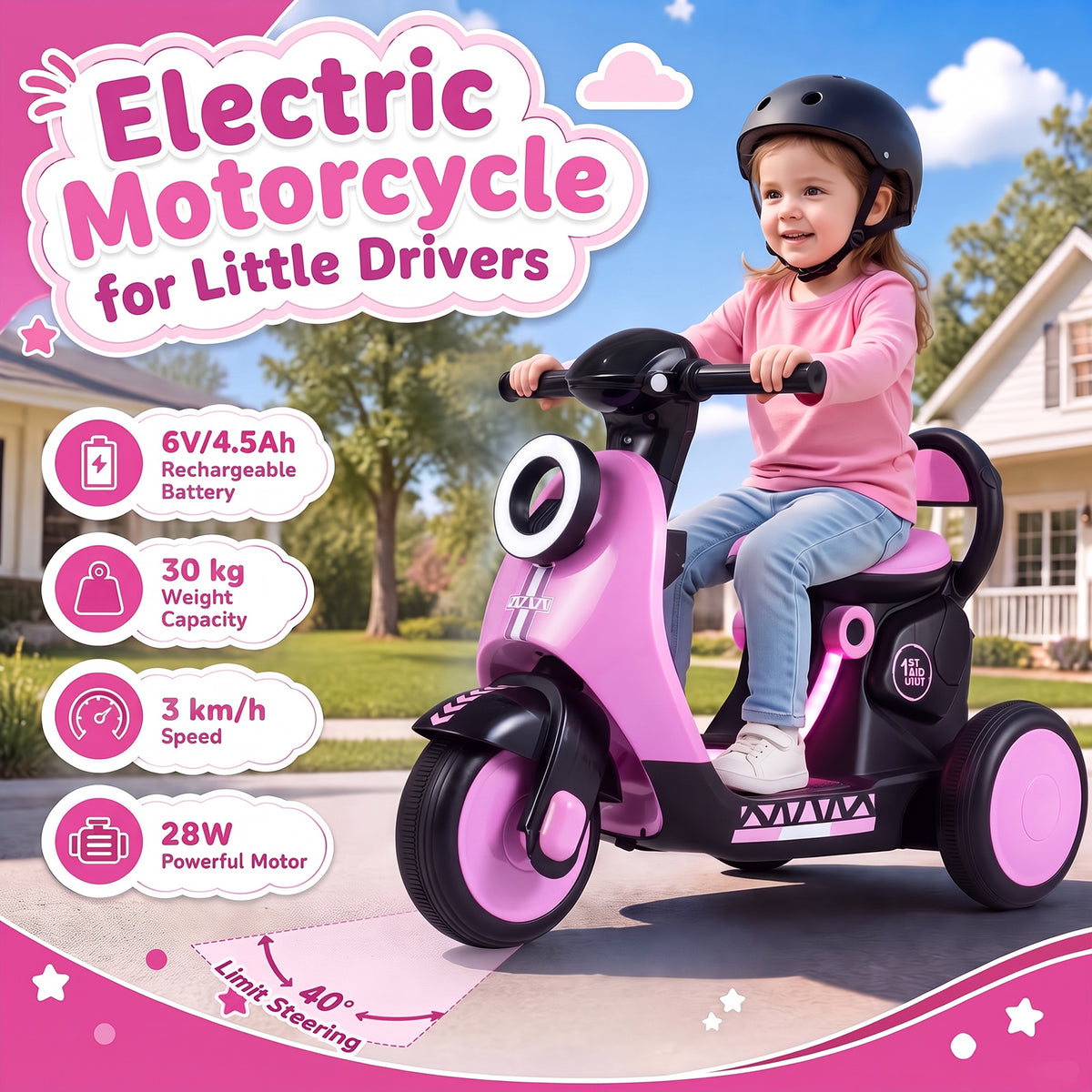 6V Kids Ride on Motorcycle with Light-Up Deck and Music for 3+ Years Old