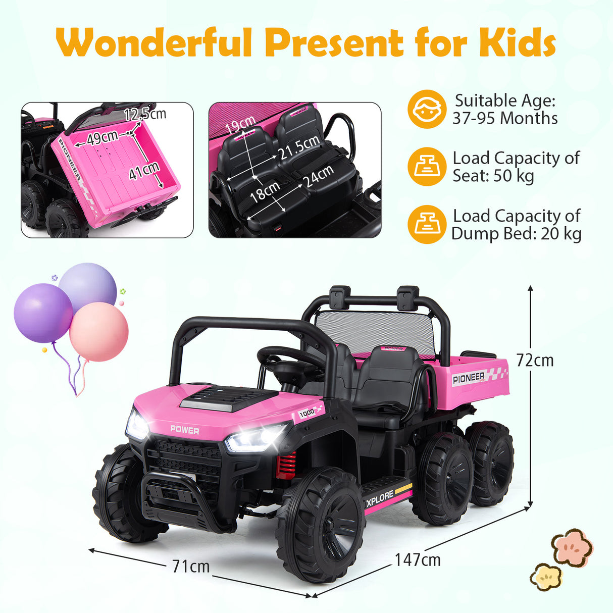 24V 2-Seater Ride on Dump Truck, 4WD Kids Ride on Car