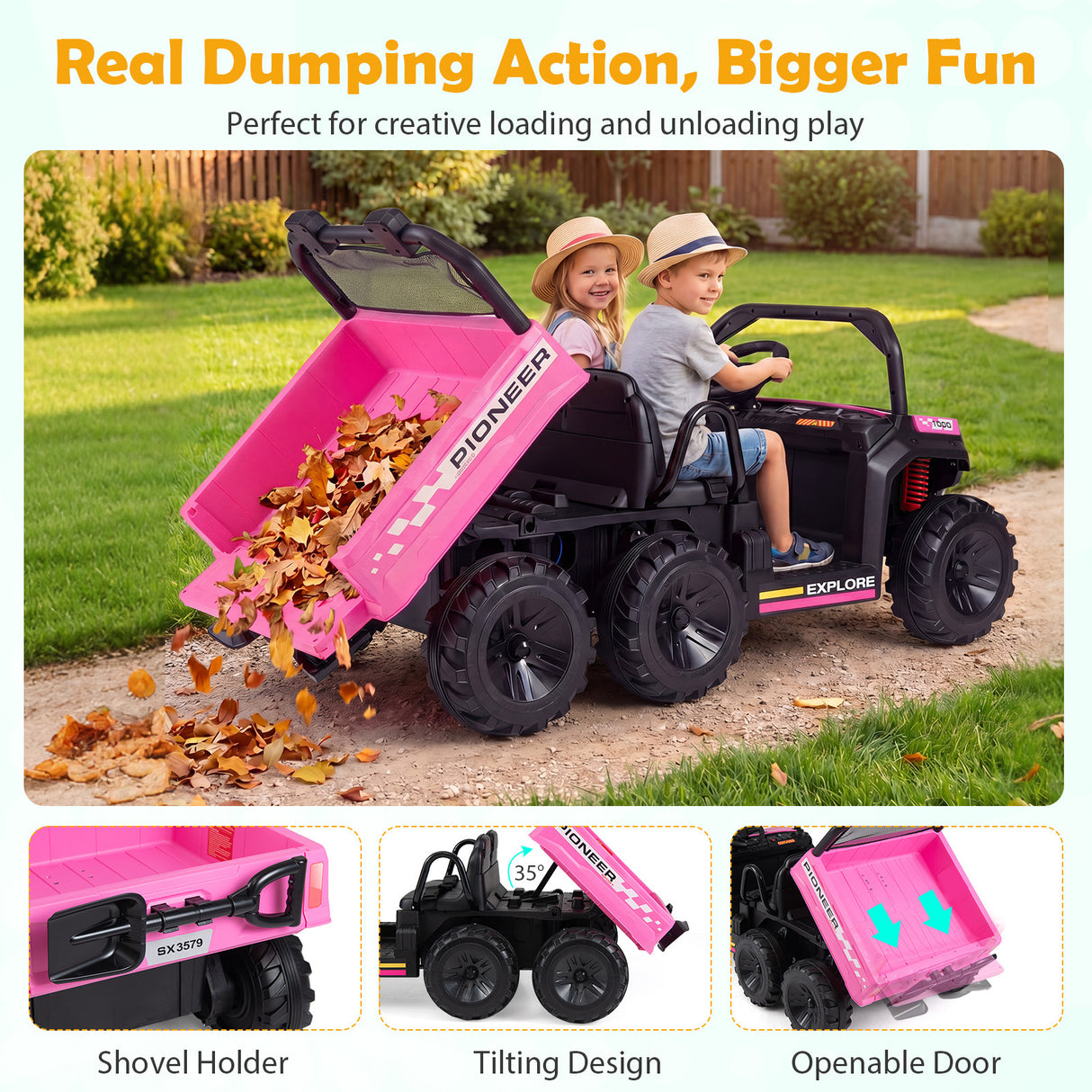 24V 2-Seater Ride on Dump Truck, 4WD Kids Ride on Car