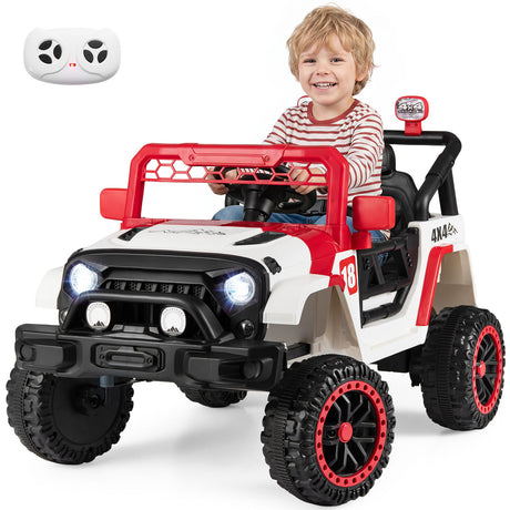 Kids Ride on Truck, 12V Electric Toy Vehicle w/ Remote Control, 3 Speeds, LED Lights, Horn, Music, Story, USB, AUX