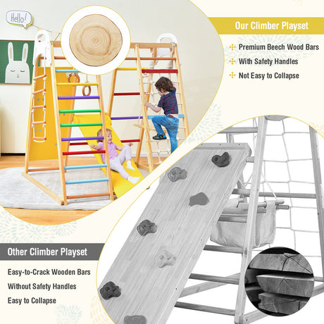 8-in-1 Jungle Gym Playset, Wooden Climber Play Set w/ Monkey Bars