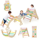 A set of baby climbing toys including a triangular climber, a climbing arch, and a ramp, with multiple wood bars and a natural wood grain finish. Children are playing with the toys in various configurations.