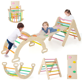A set of baby climbing toys including a triangular climber, a climbing arch, and a ramp, with multiple wood bars and a natural wood grain finish. Children are playing with the toys in various configurations.