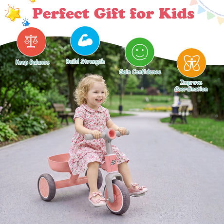 onvertible Kids Tricycle, Toddler Trike with 86° Limited Steering Angle, Carbon Steel Frame, Removable Pedals & Detachable Storage Basket