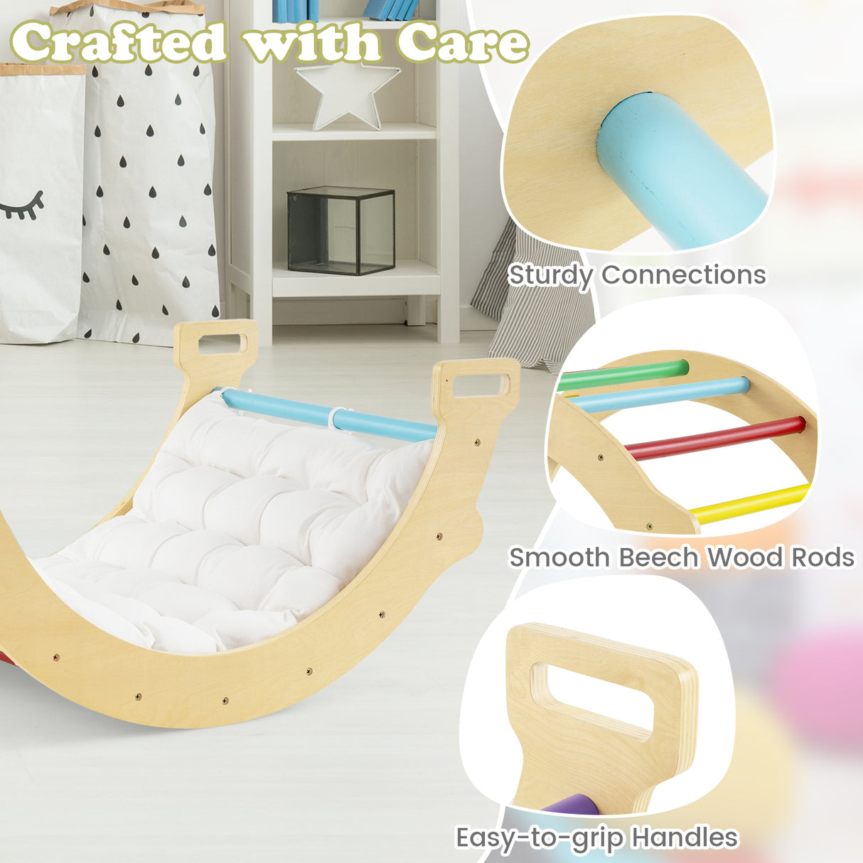 HONEY JOY Kids Climber Arch Rocker with Cushion, 4-In-1 Convertible Wooden Arch Climbing Ladder