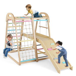 8-in-1 Jungle Gym, Wooden Montessori Climber Playset with Slide