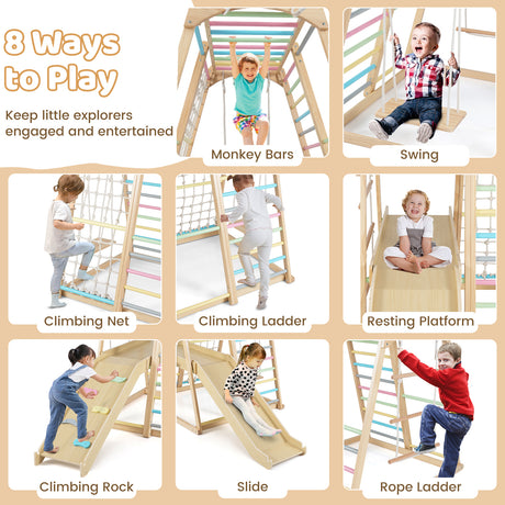 Children playing on a wooden climbing structure with various features and text about ways to play.