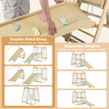 Wooden play structure with adjustable heights and a double-sided ramp, suitable for children.