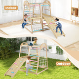 Children playing on a wooden climbing frame with slides indoors and outdoors.