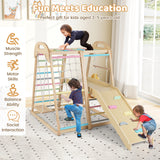 Children playing on a wooden play structure with slide and climbing elements, labeled 'Fun Meets Education'.