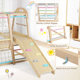 Children's wooden play structure with slide and climbing elements, featuring cotton ropes, solid wood bars, and metal ground stakes.