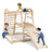 Children playing on a wooden play structure with a slide and climbing elements.