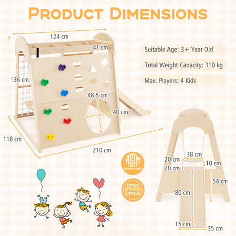 Children's play structure with dimensions and safety certifications on a white background