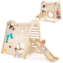 Children playing on a wooden play structure with slides and climbing elements.