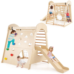 Children playing on a wooden play structure with slides and climbing elements.