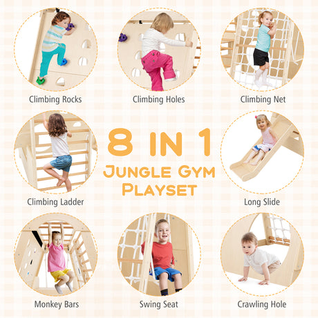 8-in-1 jungle gym playset with children using various features on a light background