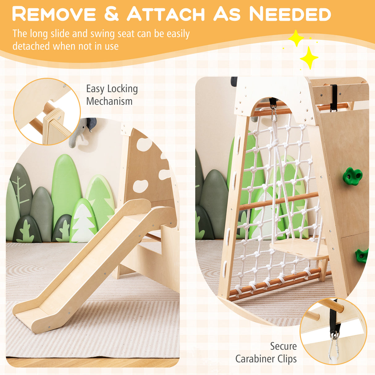 Children's play structure with slide and swing seat, featuring easy locking mechanism and secure carabiner clips.