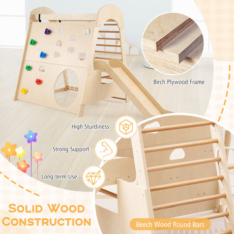 Wooden climbing frame with slide, highlighting solid wood construction and materials.