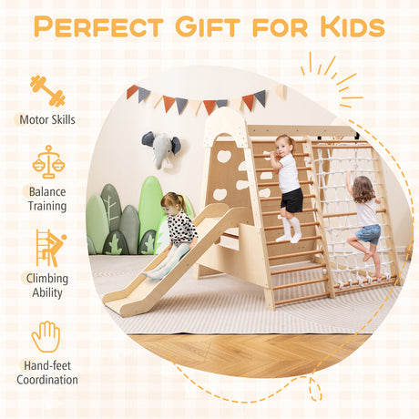 Children playing on a wooden climbing structure with slide, surrounded by educational icons and text.