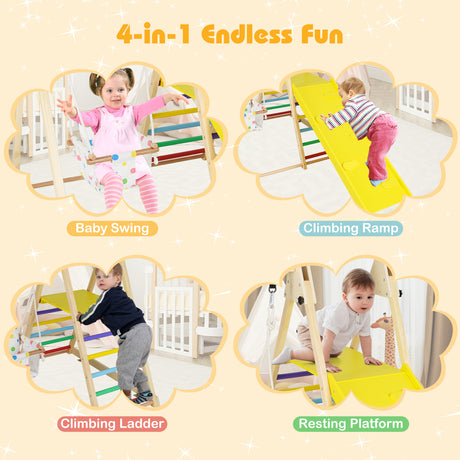 Children's play structure with swing, slide, ladder, and platform on a beige background