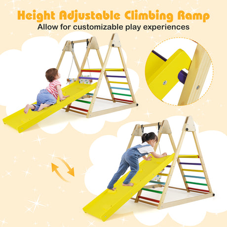 Height adjustable climbing ramp with children playing on it, featuring a yellow slide and colorful steps.
