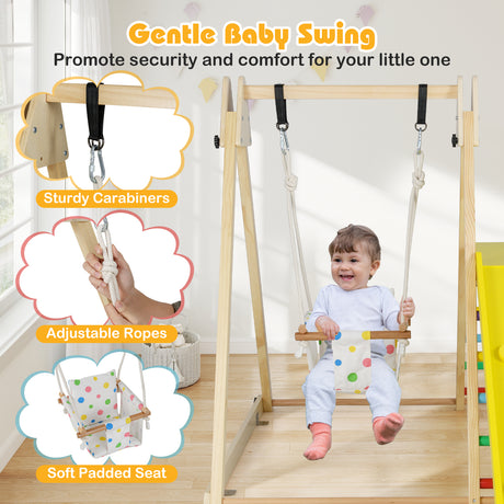 Baby swing with features highlighted and a child using it indoors.