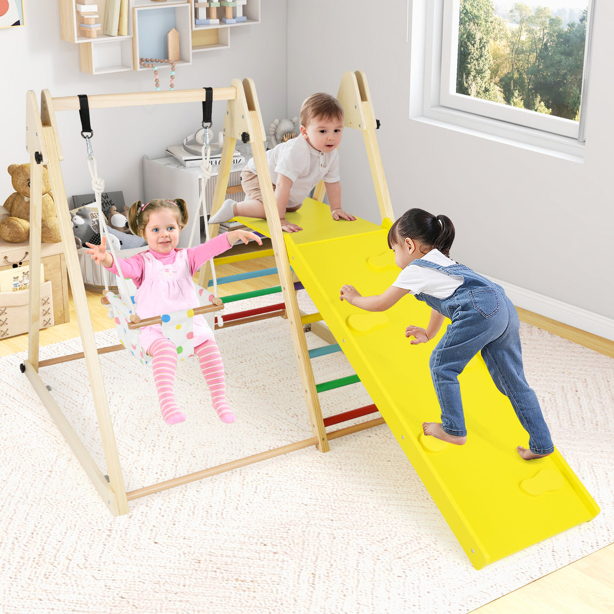4-in-1 Indoor Jungle Gym, Montessori Wooden Climber Playset for Kids 1+ Years Old