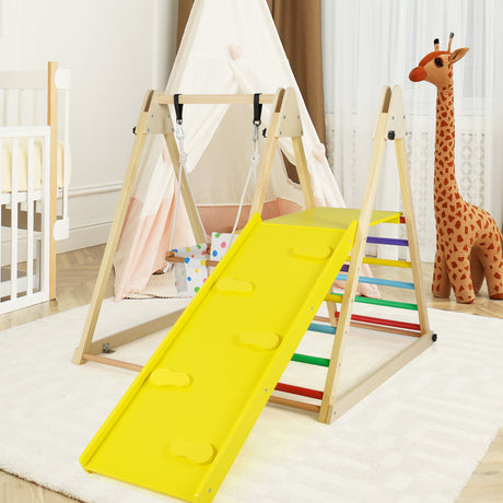 Children's play area with a yellow slide, colorful ladder, and a teepee in a room.