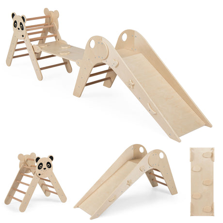 HONEY JOY Kids Triangle Climbing Set, Foldable Panda-Themed Wood Montessori Climbing Set