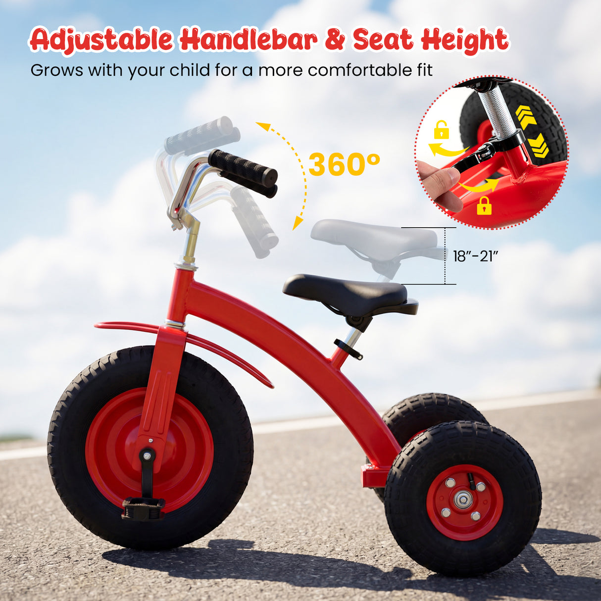 BABY JOY Kids Tricycle, 15-Inch Front Wheel Trike with Carbon Steel Frame, Inflatable Rubber Tires