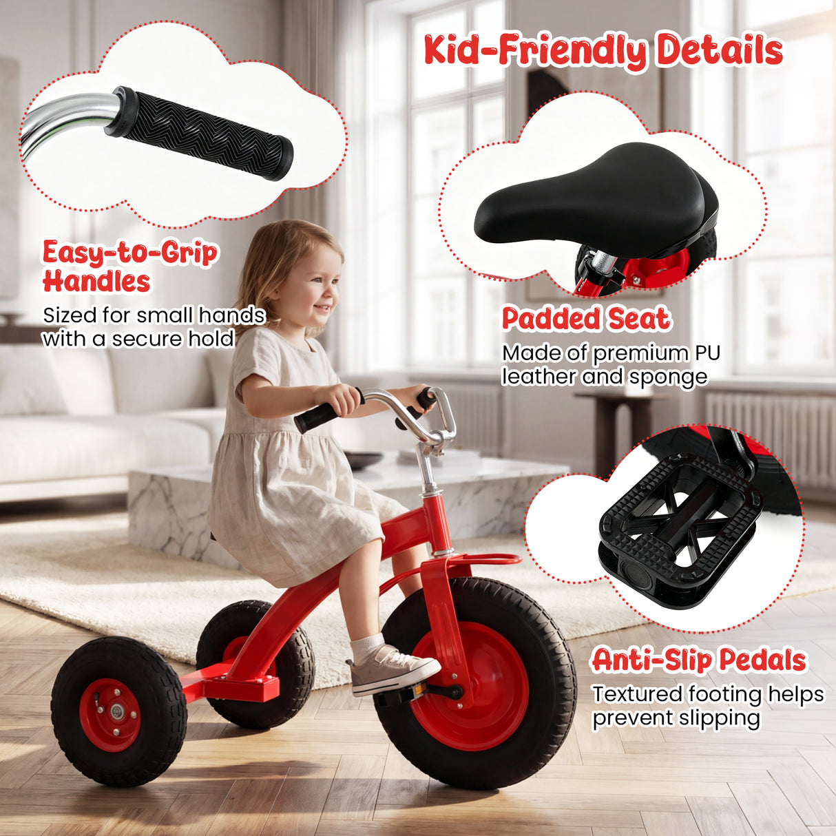 BABY JOY Kids Tricycle, 15-Inch Front Wheel Trike with Carbon Steel Frame, Inflatable Rubber Tires