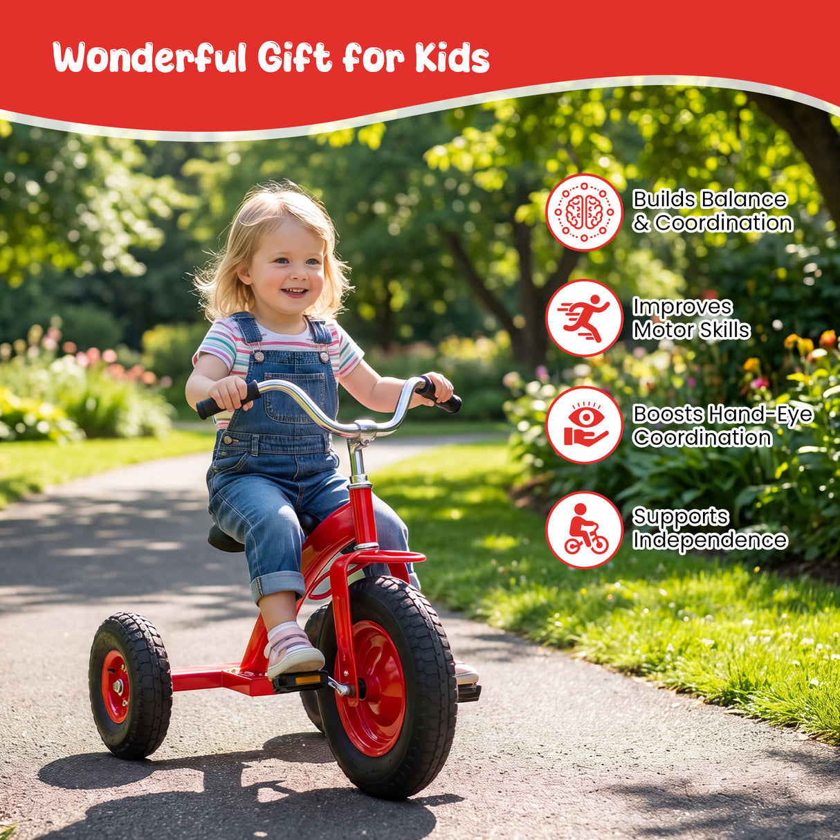 BABY JOY Kids Tricycle, 15-Inch Front Wheel Trike with Carbon Steel Frame, Inflatable Rubber Tires