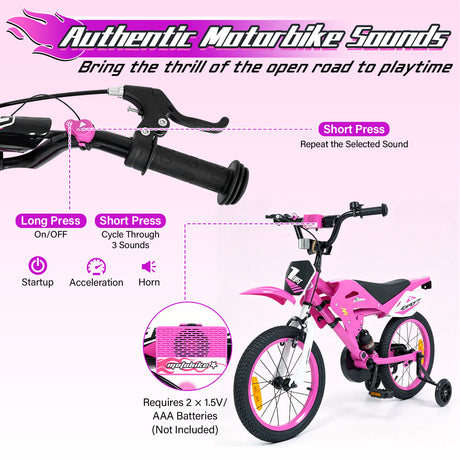 16 Inch Kids Bike Motocross Style with Sound Effects and Light-up Training Wheels