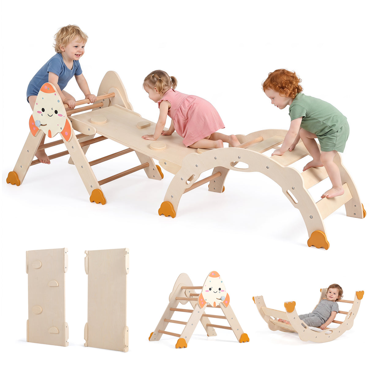 8-in-1 Climbing Toys for Toddlers, Rocket-Themed Foldable Montessori Wooden Arch Climber