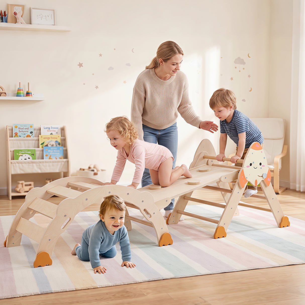 8-in-1 Climbing Toys for Toddlers, Rocket-Themed Foldable Montessori Wooden Arch Climber