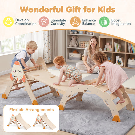 8-in-1 Climbing Toys for Toddlers, Rocket-Themed Foldable Montessori Wooden Arch Climber