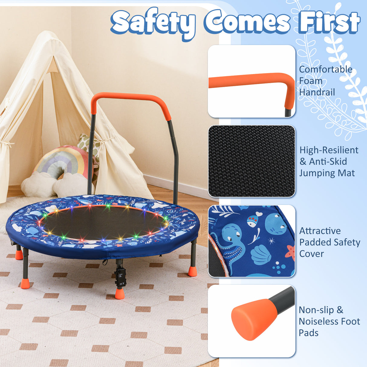 36" Mini Trampoline with 20 LED Lights, Foldable Trampoline for Kids