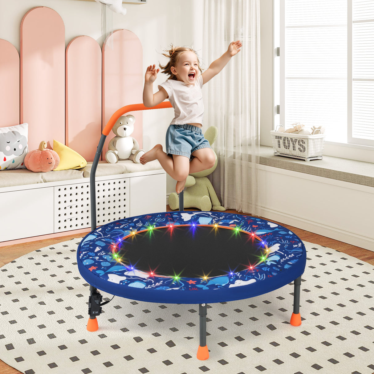 36" Mini Trampoline with 20 LED Lights, Foldable Trampoline for Kids