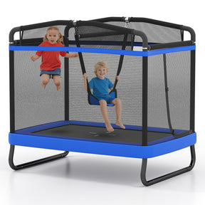 Children playing on a trampoline with safety netting on a white background
